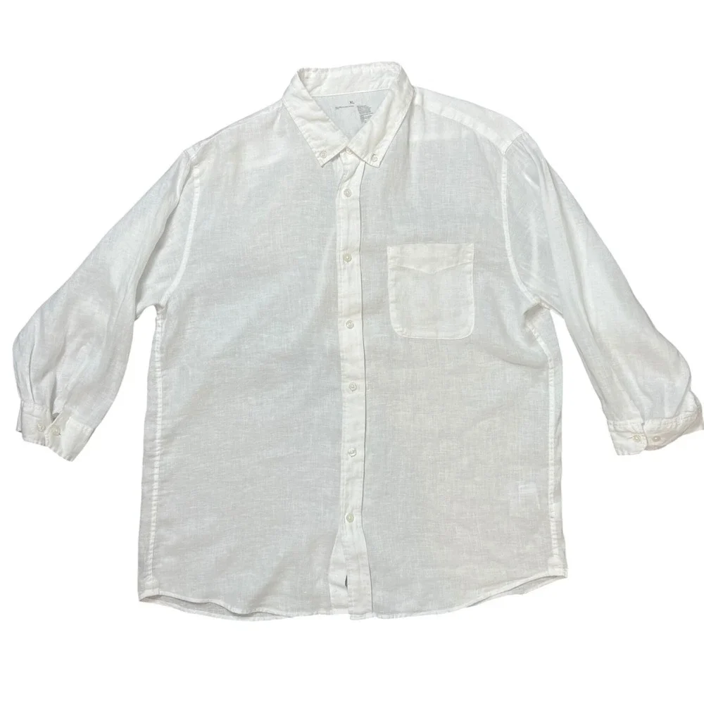 Muji Mens XL White 100% Linen Button Down Shirt 3/4 Sleeve Minimalist Coastal